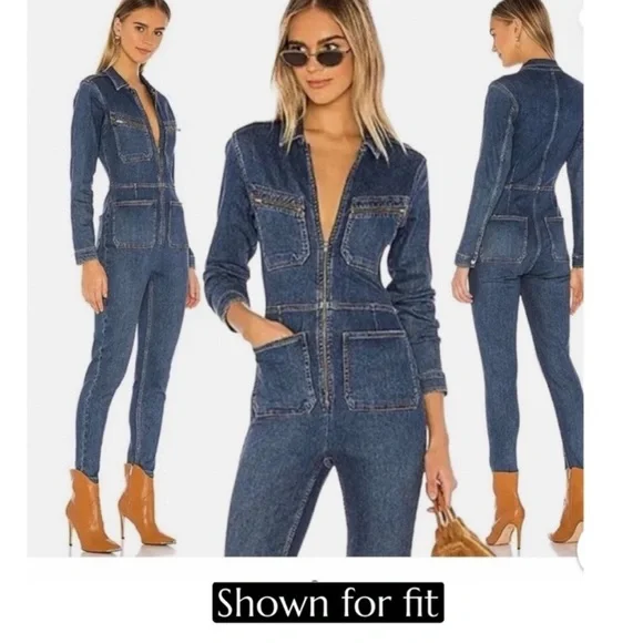 EUC! Free People Lennox Jumpsuit Coverall Stretch Denim V Plunge in Bluebird Med - Picture 9 of 9